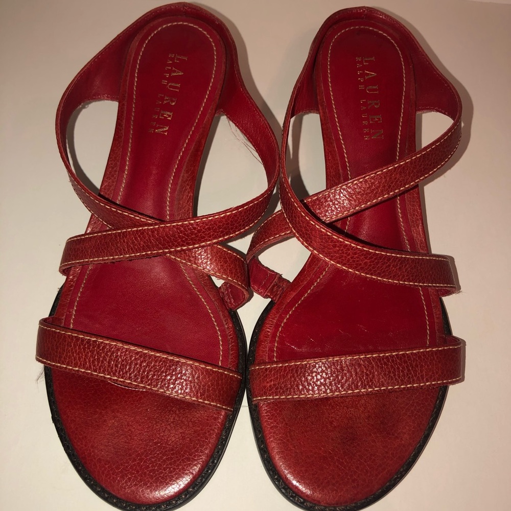 Ralph Lauren 7.5 Moura Leather Heels Red Strappy